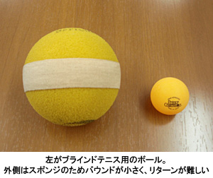写真：左がブラインドテニス用のボール。外側はスポンジのためバウンドが小さく、リターンが難しい