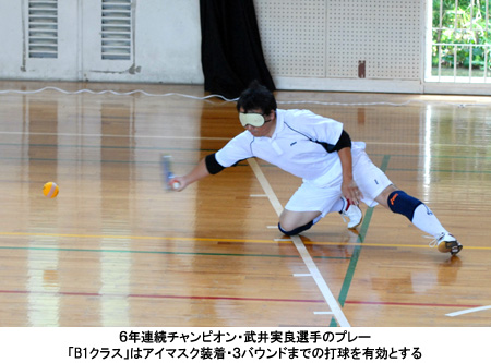 写真：６年連続チャンピオン・武井みよし選手のプレー　「B1クラス」はアイマスク装着・３バウンドまでの打球を有効とする